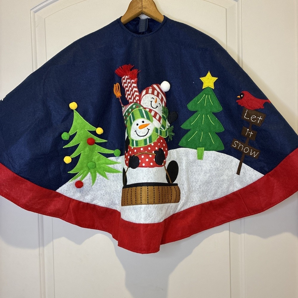 Sledding Snowman Christmas Tree Skirt Navy Blue Red Let It Snow 44 inch WM9423B